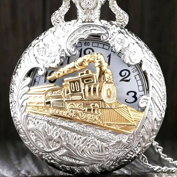 Train Railroad Pocket Watch Full Size Metal silver gold Steampunk Christmas Gift